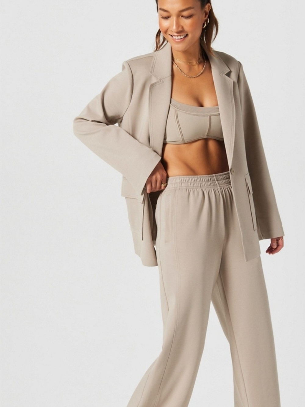 Fabletics Taupe High-Waist Relaxed Track Pants